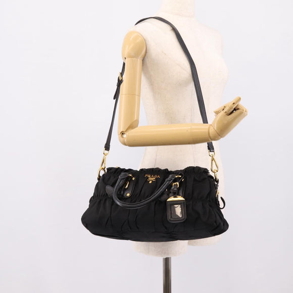 PRADA Gathered Hand Bag Nylon 2way Black Gold Auth BA16051A