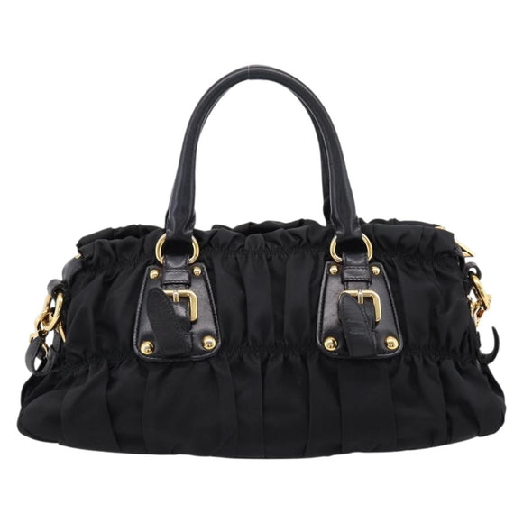 PRADA Gathered Hand Bag Nylon 2way Black Gold Auth BA16051A