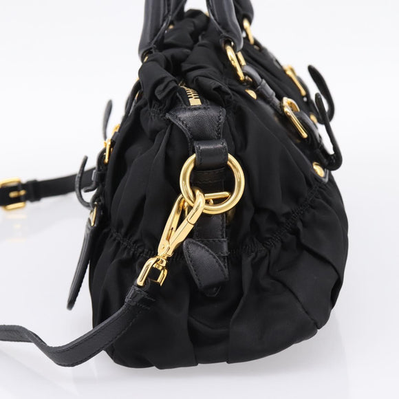 PRADA Gathered Hand Bag Nylon 2way Black Gold Auth BA16051A