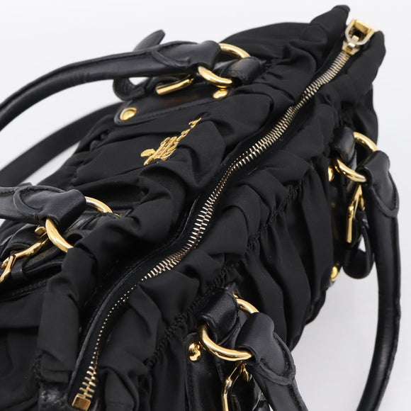 PRADA Gathered Hand Bag Nylon 2way Black Gold Auth BA16051A