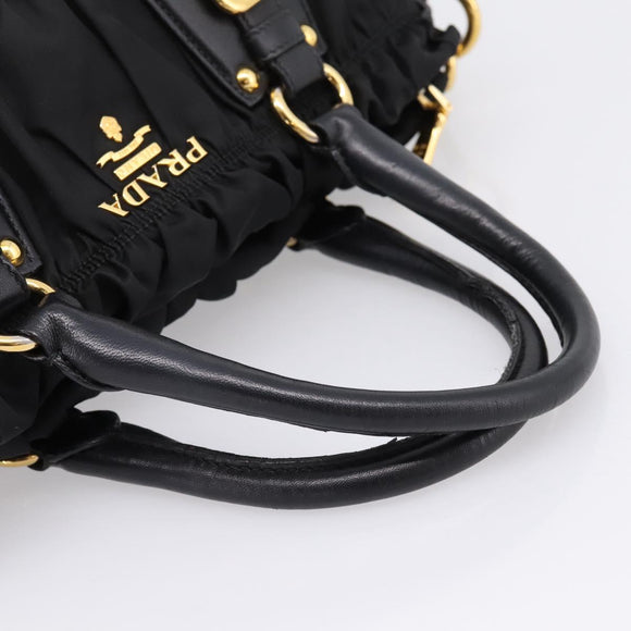 PRADA Gathered Hand Bag Nylon 2way Black Gold Auth BA16051A