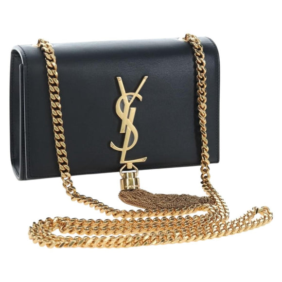 Saint Laurent Chain Shoulder Bag Leather Black Gold Auth BA16060V