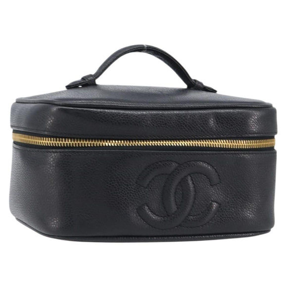 CHANEL Vanity Cosmetic Pouch Caviar Skin Black Gold CC Auth BA16061V