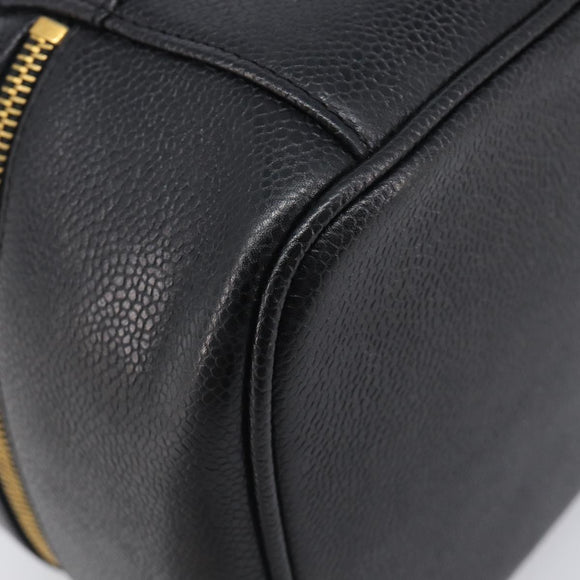CHANEL Vanity Cosmetic Pouch Caviar Skin Black Gold CC Auth BA16061V