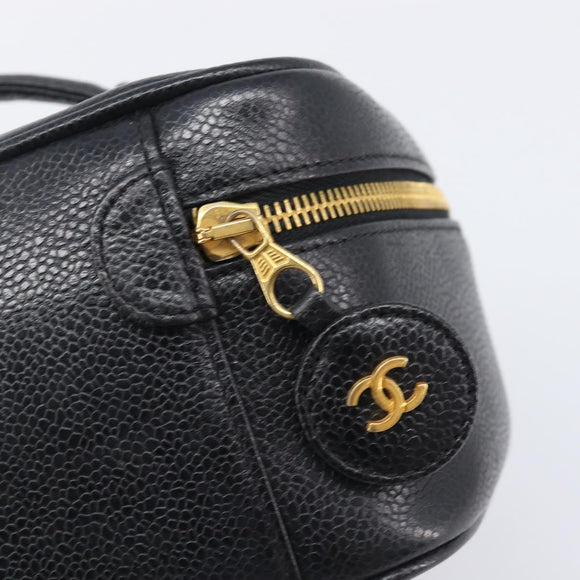 CHANEL Vanity Cosmetic Pouch Caviar Skin Black Gold CC Auth BA16061V