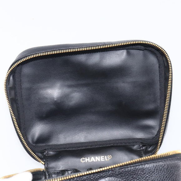 CHANEL Vanity Cosmetic Pouch Caviar Skin Black Gold CC Auth BA16061V