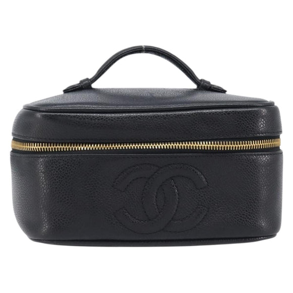 CHANEL Vanity Cosmetic Pouch Caviar Skin Black Gold CC Auth BA16061V