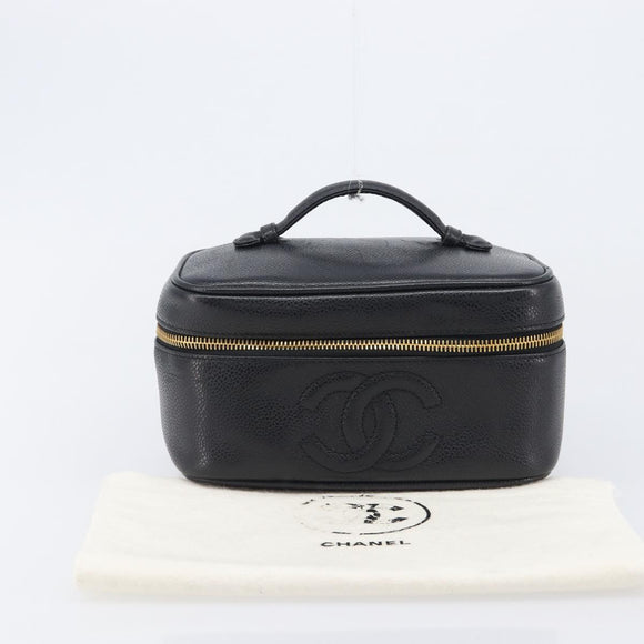 CHANEL Vanity Cosmetic Pouch Caviar Skin Black Gold CC Auth BA16061V