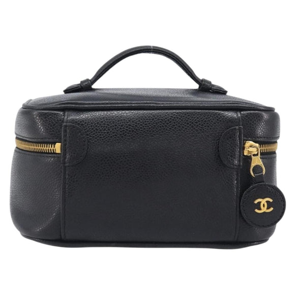 CHANEL Vanity Cosmetic Pouch Caviar Skin Black Gold CC Auth BA16061V