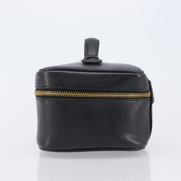 CHANEL Vanity Cosmetic Pouch Caviar Skin Black Gold CC Auth BA16061V