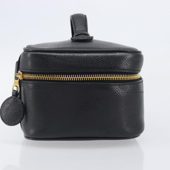 CHANEL Vanity Cosmetic Pouch Caviar Skin Black Gold CC Auth BA16061V