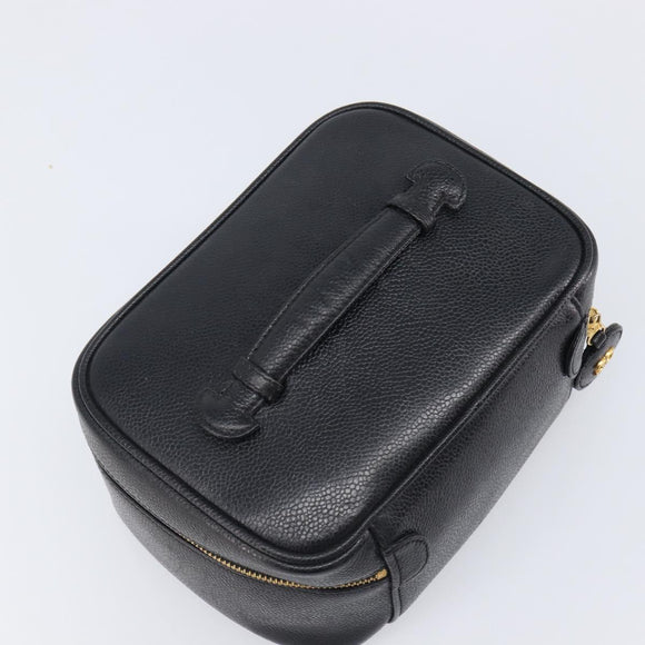 CHANEL Vanity Cosmetic Pouch Caviar Skin Black Gold CC Auth BA16061V
