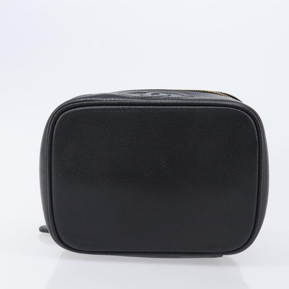 CHANEL Vanity Cosmetic Pouch Caviar Skin Black Gold CC Auth BA16061V
