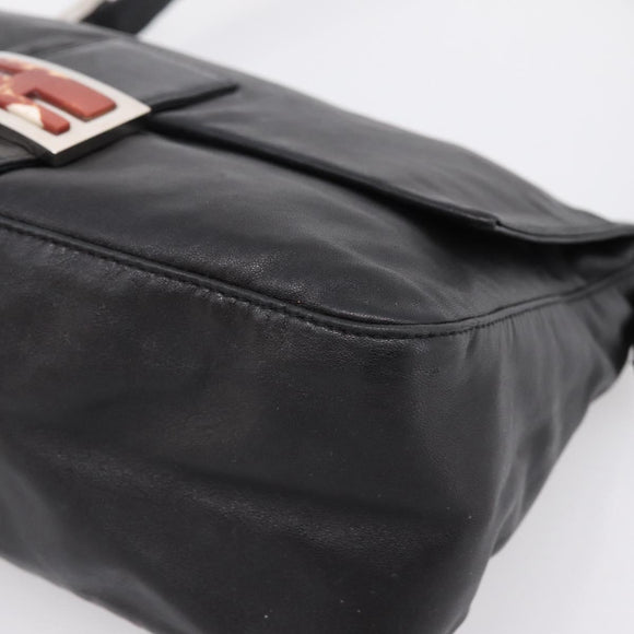 FENDI Mamma Baguette Shoulder Bag Leather Black Silver Auth BA16062V