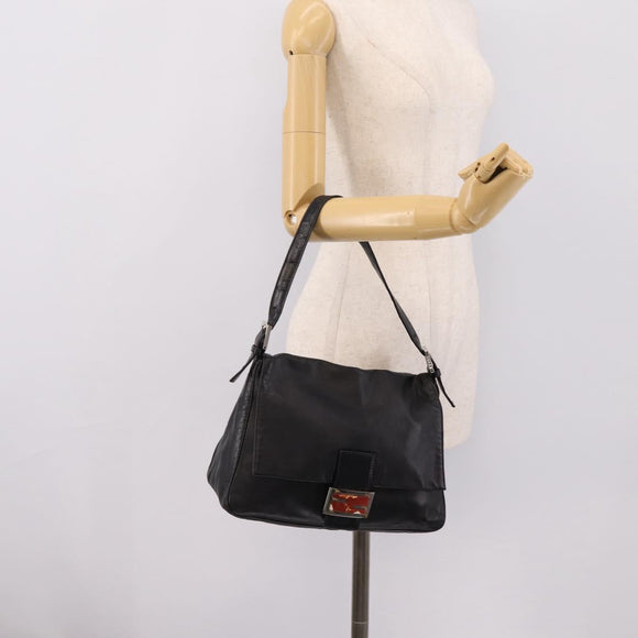 FENDI Mamma Baguette Shoulder Bag Leather Black Silver Auth BA16062V