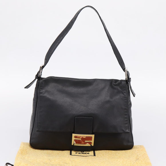 FENDI Mamma Baguette Shoulder Bag Leather Black Silver Auth BA16062V
