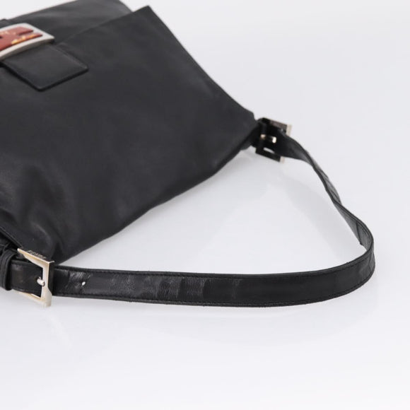 FENDI Mamma Baguette Shoulder Bag Leather Black Silver Auth BA16062V