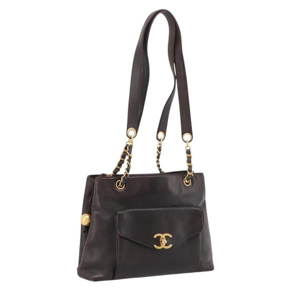 CHANEL Chain Tote Bag Leather Black Gold CC Auth BA16063