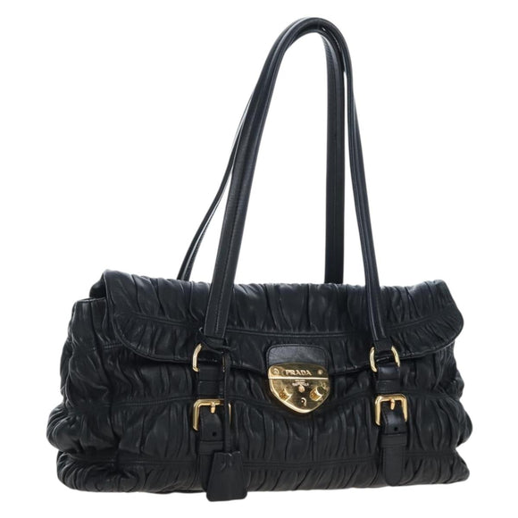 PRADA Gathered Tote Bag Leather Black Gold Auth BA16064SAV