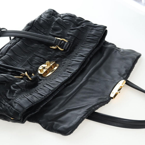 PRADA Gathered Tote Bag Leather Black Gold Auth BA16064SAV