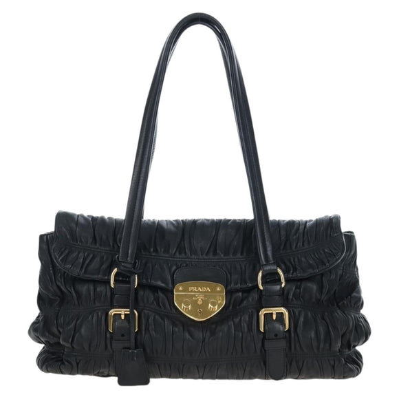 PRADA Gathered Tote Bag Leather Black Gold Auth BA16064SAV