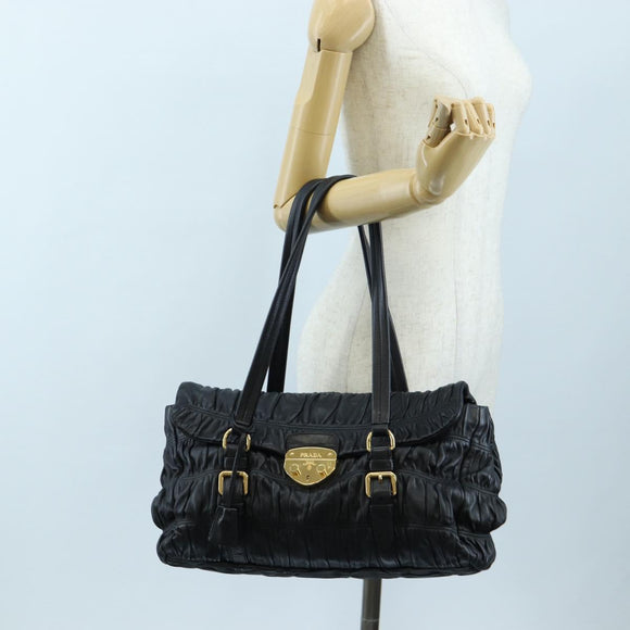 PRADA Gathered Tote Bag Leather Black Gold Auth BA16064SAV