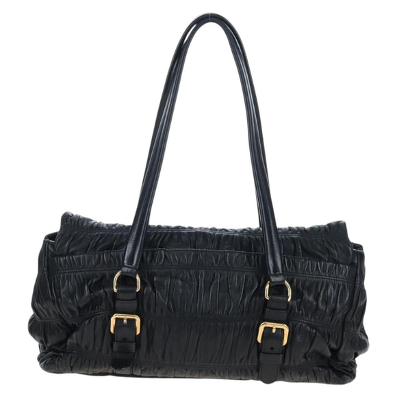 PRADA Gathered Tote Bag Leather Black Gold Auth BA16064SAV