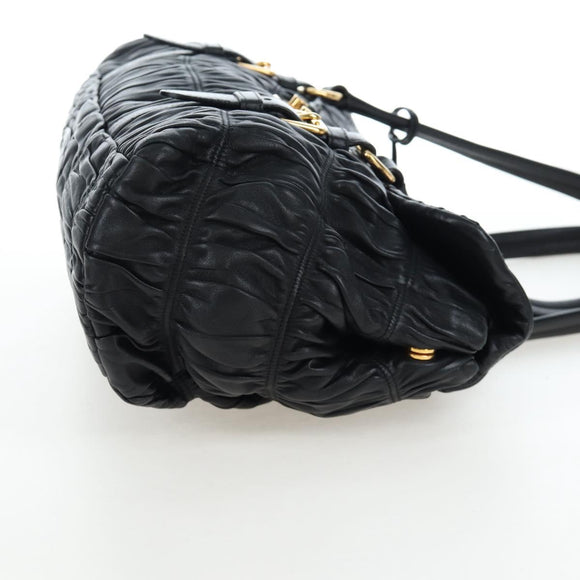 PRADA Gathered Tote Bag Leather Black Gold Auth BA16064SAV
