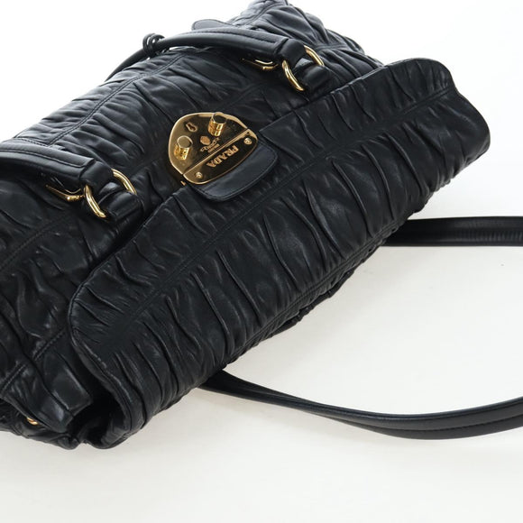 PRADA Gathered Tote Bag Leather Black Gold Auth BA16064SAV