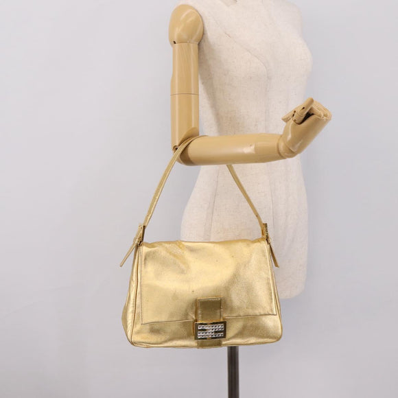 FENDI Mamma Baguette Shoulder Bag Leather Gold Auth BA16067SAM
