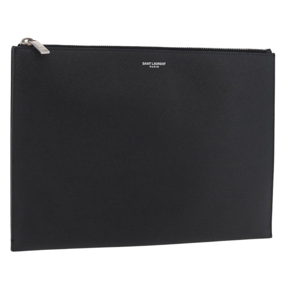 Saint Laurent Clutch Bag Leather Black Silver Auth BA16068A