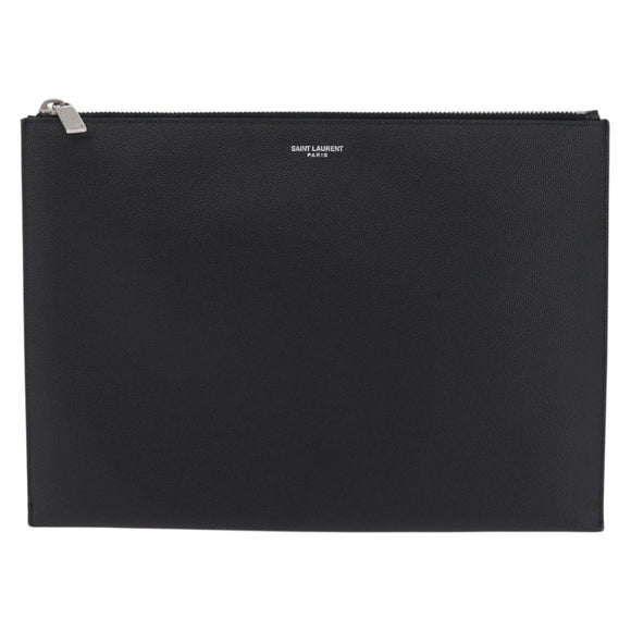 Saint Laurent Clutch Bag Leather Black Silver Auth BA16068A