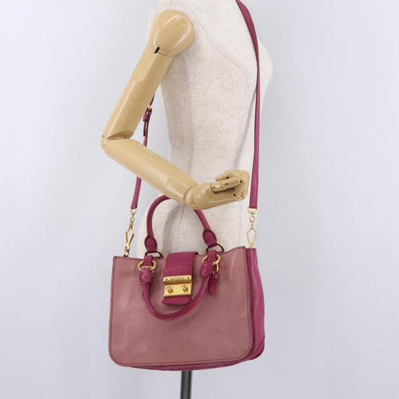 Miu Miu Madras Hand Bag Leather 2way Pink Gold Tone Auth BA16083