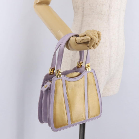 FENDI Hand Bag Leather Purple Gold Tone Auth BA16086