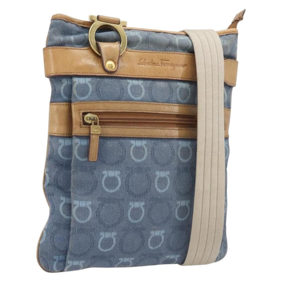 Salvatore Ferragamo Gancini Shoulder Bag Canvas Blue Gold Tone Auth BA16108