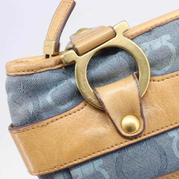 Salvatore Ferragamo Gancini Shoulder Bag Canvas Blue Gold Tone Auth BA16108