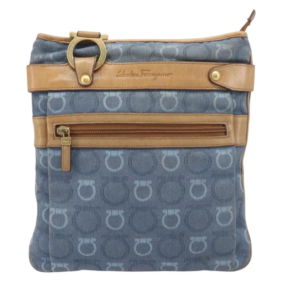 Salvatore Ferragamo Gancini Shoulder Bag Canvas Blue Gold Tone Auth BA16108