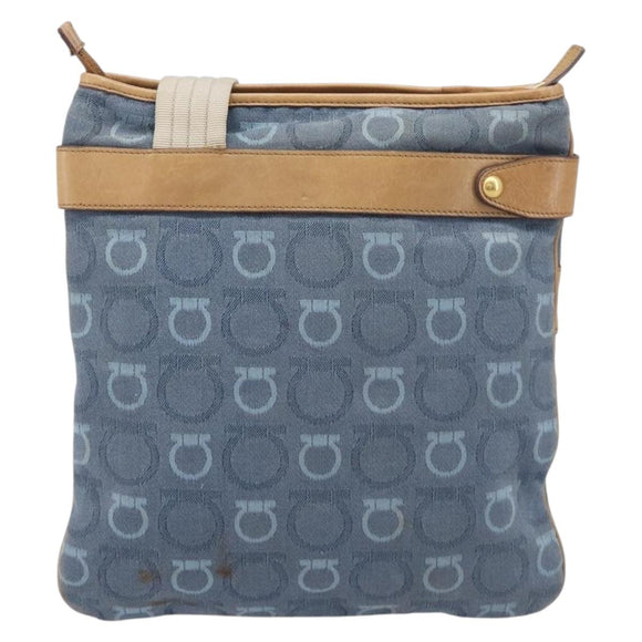 Salvatore Ferragamo Gancini Shoulder Bag Canvas Blue Gold Tone Auth BA16108