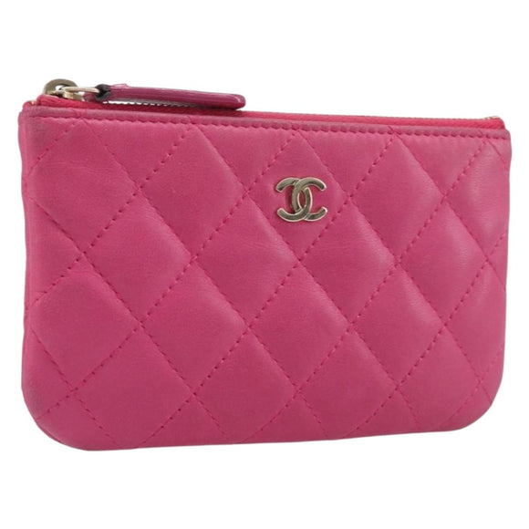 CHANEL Matelasse Coin Purse Lamb Skin Pink Gold Tone CC Auth BA16109