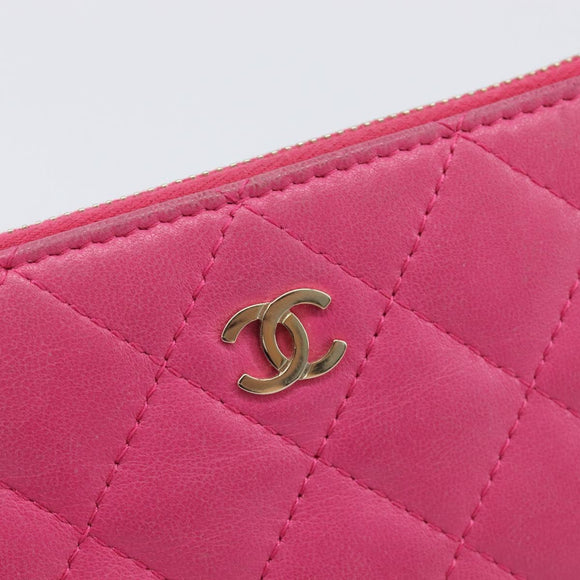CHANEL Matelasse Coin Purse Lamb Skin Pink Gold Tone CC Auth BA16109