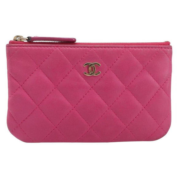 CHANEL Matelasse Coin Purse Lamb Skin Pink Gold Tone CC Auth BA16109