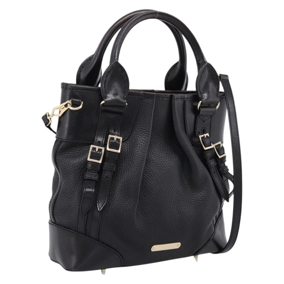 BURBERRY Hand Bag Leather 2way Black Gold Tone Auth BA16124A