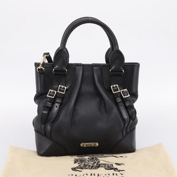 BURBERRY Hand Bag Leather 2way Black Gold Tone Auth BA16124A