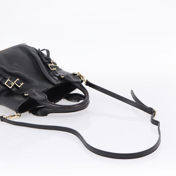 BURBERRY Hand Bag Leather 2way Black Gold Tone Auth BA16124A