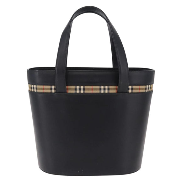 BURBERRY Nova Check Hand Bag Leather Black Beige Auth BA16132