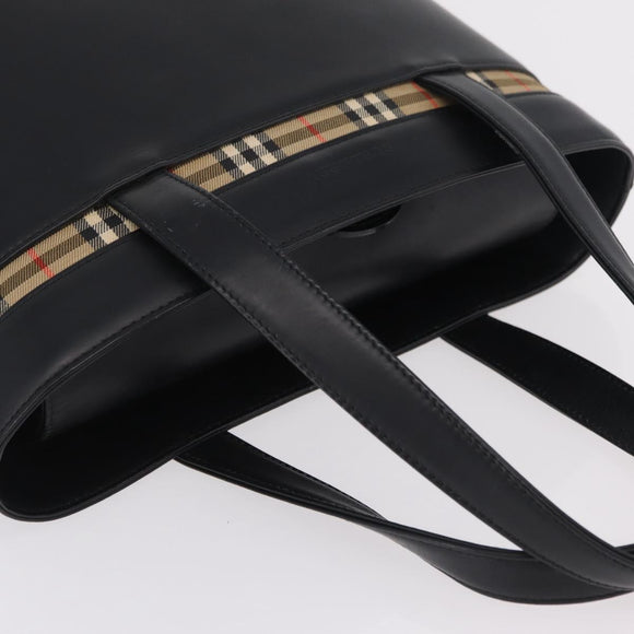 BURBERRY Nova Check Hand Bag Leather Black Beige Auth BA16132