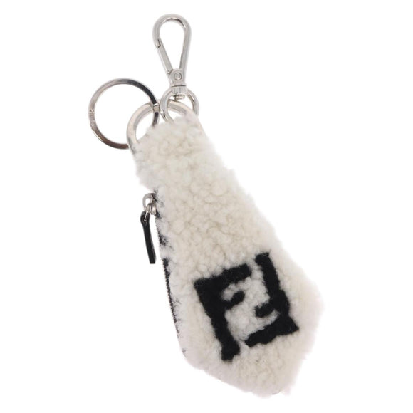FENDI Key Ring Fur White Black 7AR765 Auth BA16138V