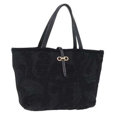 Salvatore Ferragamo Gancini Hand Bag Nylon Black Gold Tone Auth BA16145