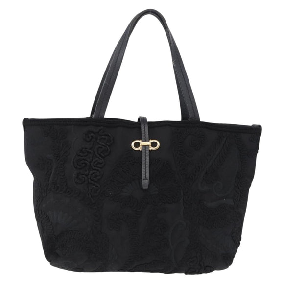 Salvatore Ferragamo Gancini Hand Bag Nylon Black Gold Tone Auth BA16145