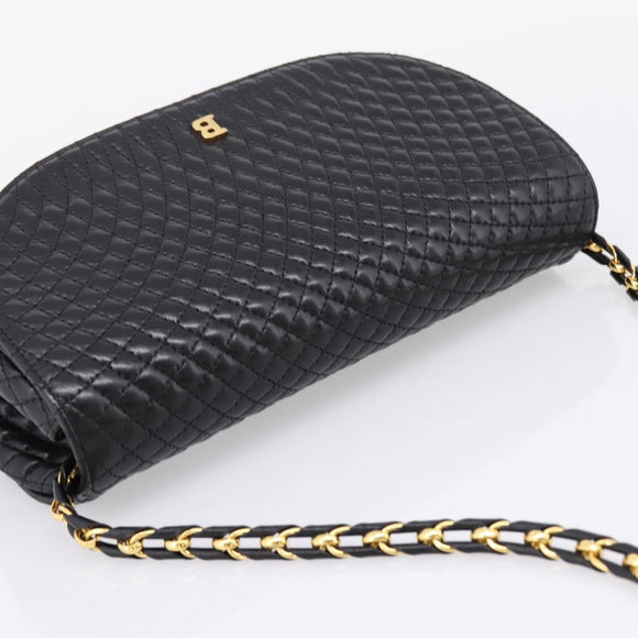 Bally Chain Shoulder Bag Leather Black Gold Tone Auth BA16160A
